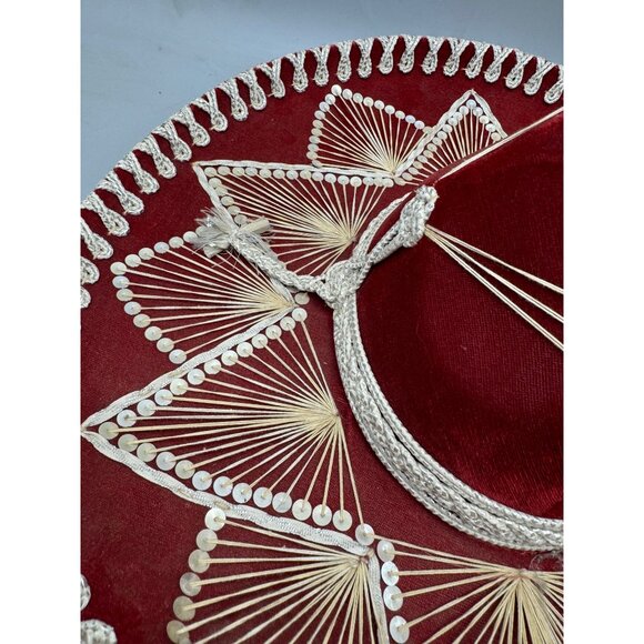 piggalle salazar Red Velvet Sombrero hat Intricate White Embroidery Tassel XL - Picture 5 of 13